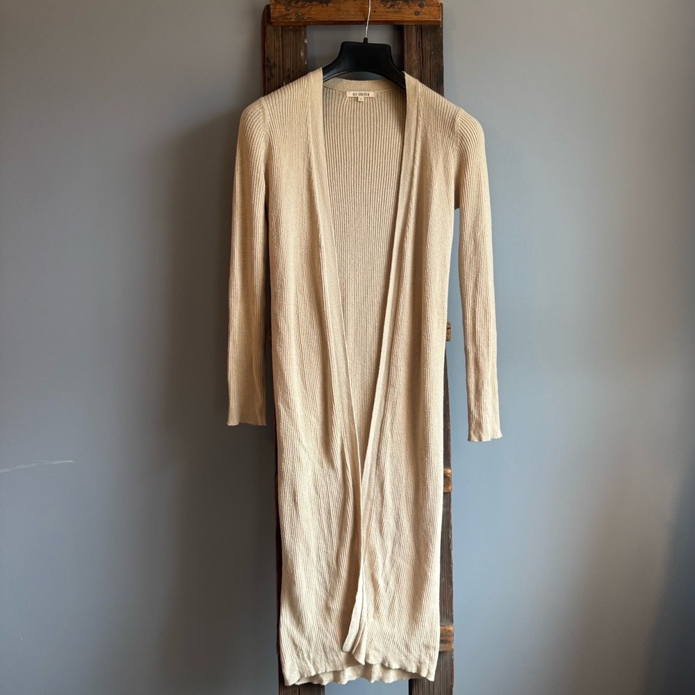 ALI GOLDEN Duster Cardigan Womens Sz S Beige Cream Ribbed‎ Knit Boho Sustainable